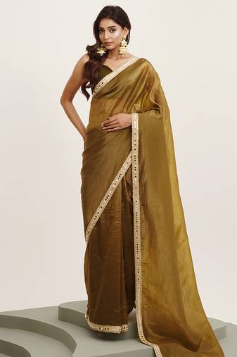 Mehendi green tissue saree with mirror work and contrast blouse