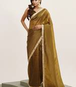 Mehendi green tissue saree with mirror work and contrast blouse