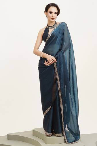 Teal satin saree with stones work festive wear with blouse