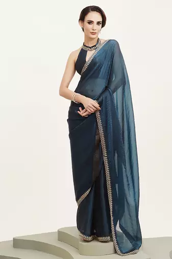 Teal satin saree with stones work festive wear with blouse