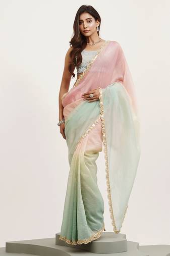 Pink sequin tissue saree stylish festival look with blouse