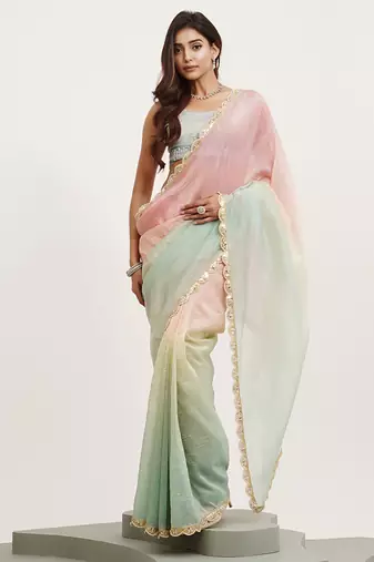 Pink sequin tissue saree stylish festival look with blouse