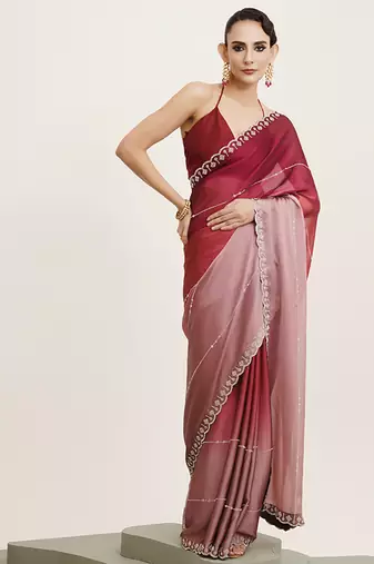 Pink chiffon saree with beads work look and blouse