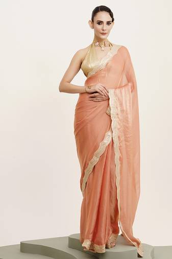 Peach satin saree with sequin work and  blouse