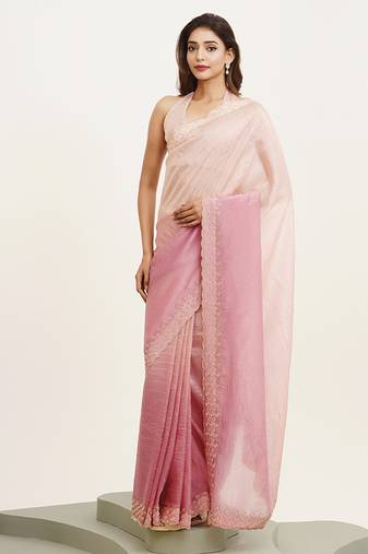 Pink tissue saree with beads & stones embellishment and blouse