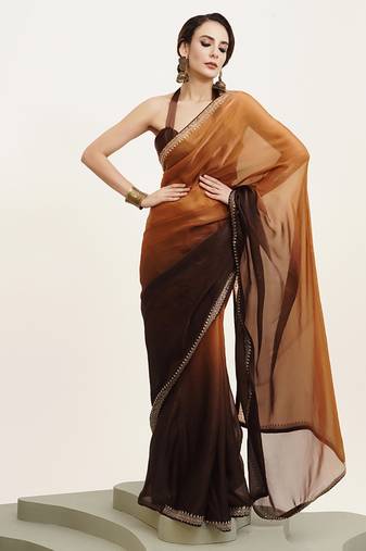 Brown chiffon saree with beads work party wear with blouse