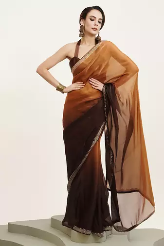 Brown chiffon saree with beads work party wear with blouse