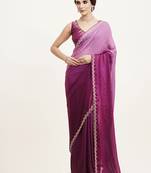 Purple satin saree with embellished beads and blouse piece