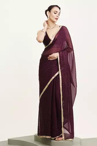 Purple chiffon saree with beads embellishment and blouse