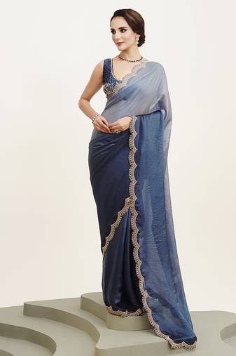 Blue satin saree with beads embellishment for events with blouse