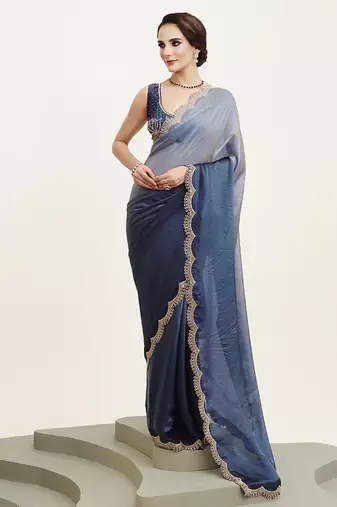 Blue satin saree with beads embellishment for events with blouse