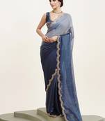 Blue satin saree with beads embellishment for events with blouse