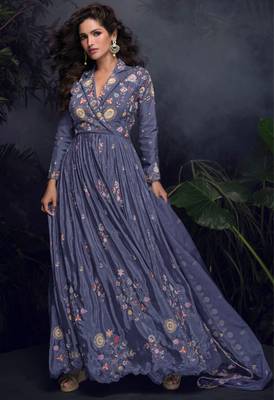 Dark lavender heavy chinon with embroidery stitched gown (free size) 1