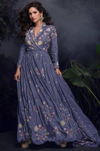 Dark lavender heavy chinon with embroidery stitched gown (free size)