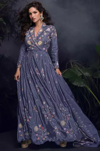 Dark lavender heavy chinon with embroidery stitched gown (free size)