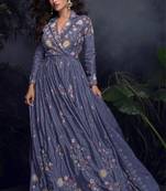 Dark lavender heavy chinon with embroidery stitched gown (free size)