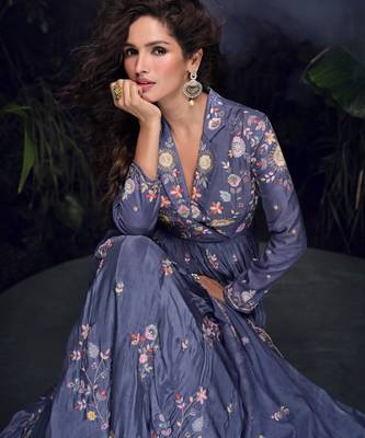 Dark lavender heavy chinon with embroidery stitched gown (free size) 2