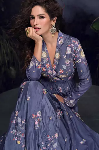Dark lavender heavy chinon with embroidery stitched gown (free size)