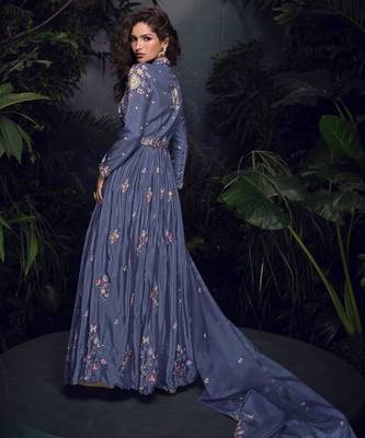 Dark lavender heavy chinon with embroidery stitched gown (free size) 3
