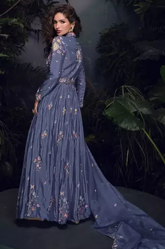 Dark lavender heavy chinon with embroidery stitched gown (free size)