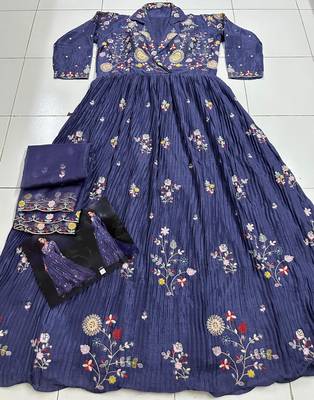 Dark lavender heavy chinon with embroidery stitched gown (free size) 4