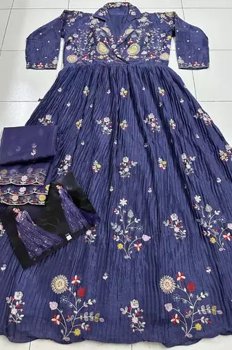Dark lavender heavy chinon with embroidery stitched gown (free size)