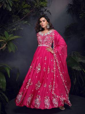Pink heavy chinon with embroidery stitched gown (free size) 1