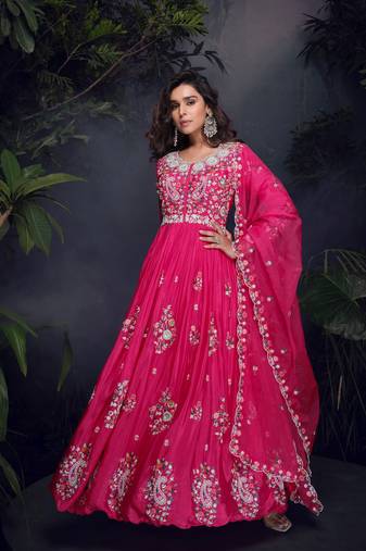 Pink heavy chinon with embroidery stitched gown (free size)
