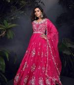 Pink heavy chinon with embroidery stitched gown (free size)