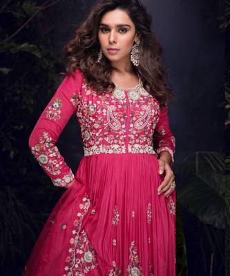 Pink heavy chinon with embroidery stitched gown (free size) 2