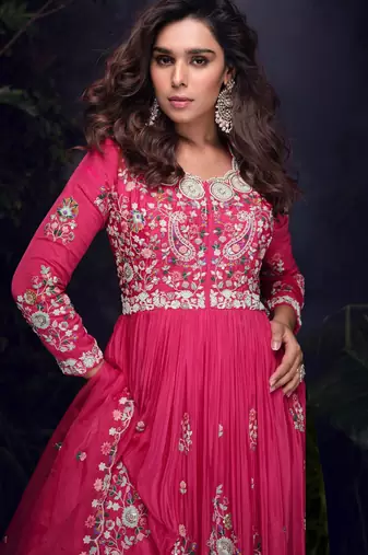 Pink heavy chinon with embroidery stitched gown (free size)