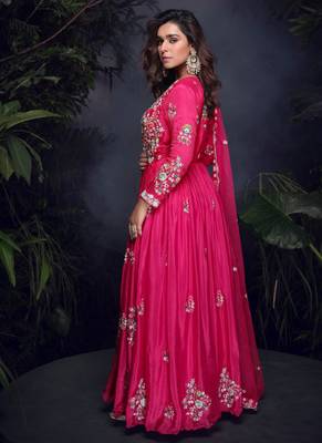 Pink heavy chinon with embroidery stitched gown (free size) 3