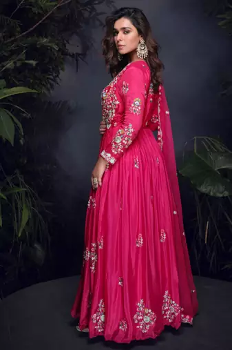 Pink heavy chinon with embroidery stitched gown (free size)