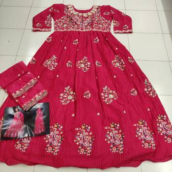 Pink heavy chinon with embroidery stitched gown (free size) 4
