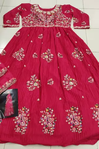 Pink heavy chinon with embroidery stitched gown (free size)