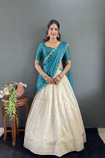 Teal Tissue Silk Embroidery Lehehga Choli Set