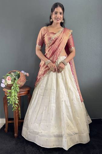 Peach Tissue Silk Embroidery Lehehga Choli Set