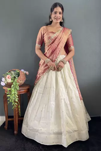 Peach Tissue Silk Embroidery Lehehga Choli Set