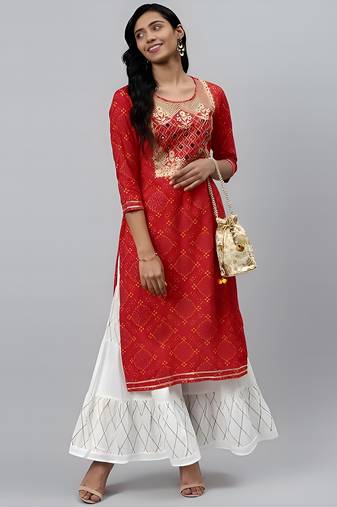 Women's Rayon Rajasthani Bandhej Printed Mirror Work A-Line Kurti With Sharara Set