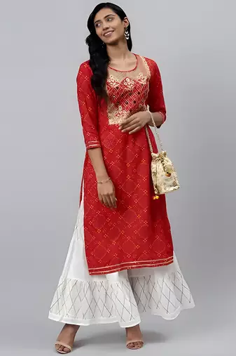 Women's Rayon Rajasthani Bandhej Printed Mirror Work A-Line Kurti With Sharara Set