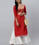 Women's Rayon Rajasthani Bandhej Printed Mirror Work A-Line Kurti With Sharara Set