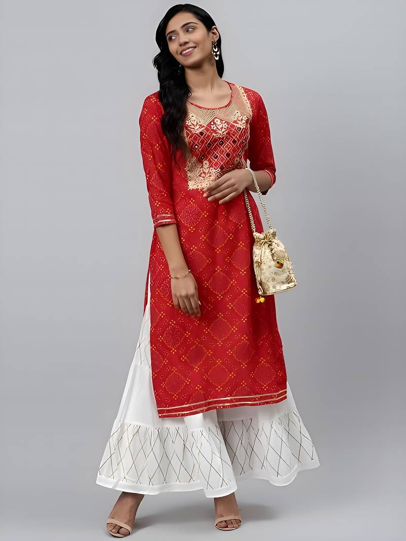 Women's Rayon Rajasthani Bandhej Printed Mirror Work A-Line Kurti With Sharara Set