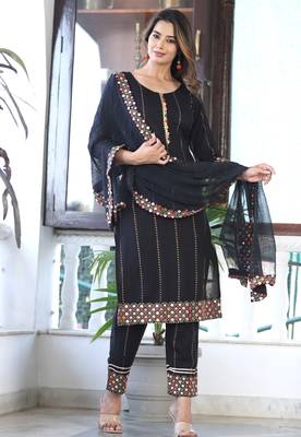 Women's Rayon Solid Ethnic Designer A-Line Mirror Work Kurti With Pant & Nazmin Dupatta Set 1
