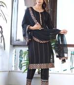 Women's Rayon Solid Ethnic Designer A-Line Mirror Work Kurti With Pant & Nazmin Dupatta Set