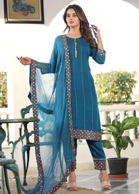 Women's Rayon Solid Ethnic Designer A-Line Mirror Work Kurti With Pant & Nazmin Dupatta Set 1