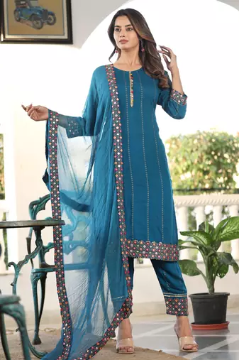Women's Rayon Solid Ethnic Designer A-Line Mirror Work Kurti With Pant & Nazmin Dupatta Set