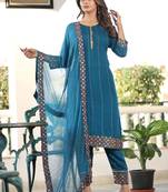 Women's Rayon Solid Ethnic Designer A-Line Mirror Work Kurti With Pant & Nazmin Dupatta Set