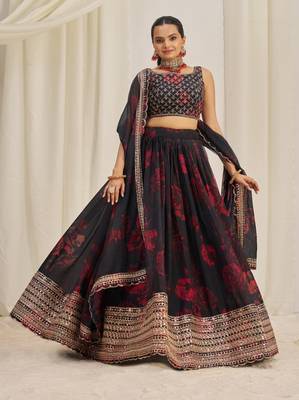 BLACK ZARI SEQUINS EMBROIDEREY FLORAL PRINTED ORGANZA LEHENGA CHOLI 1