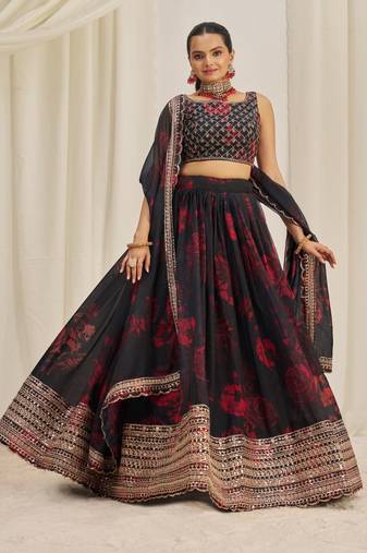 BLACK ZARI SEQUINS EMBROIDEREY FLORAL PRINTED ORGANZA LEHENGA CHOLI
