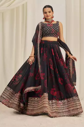 BLACK ZARI SEQUINS EMBROIDEREY FLORAL PRINTED ORGANZA LEHENGA CHOLI